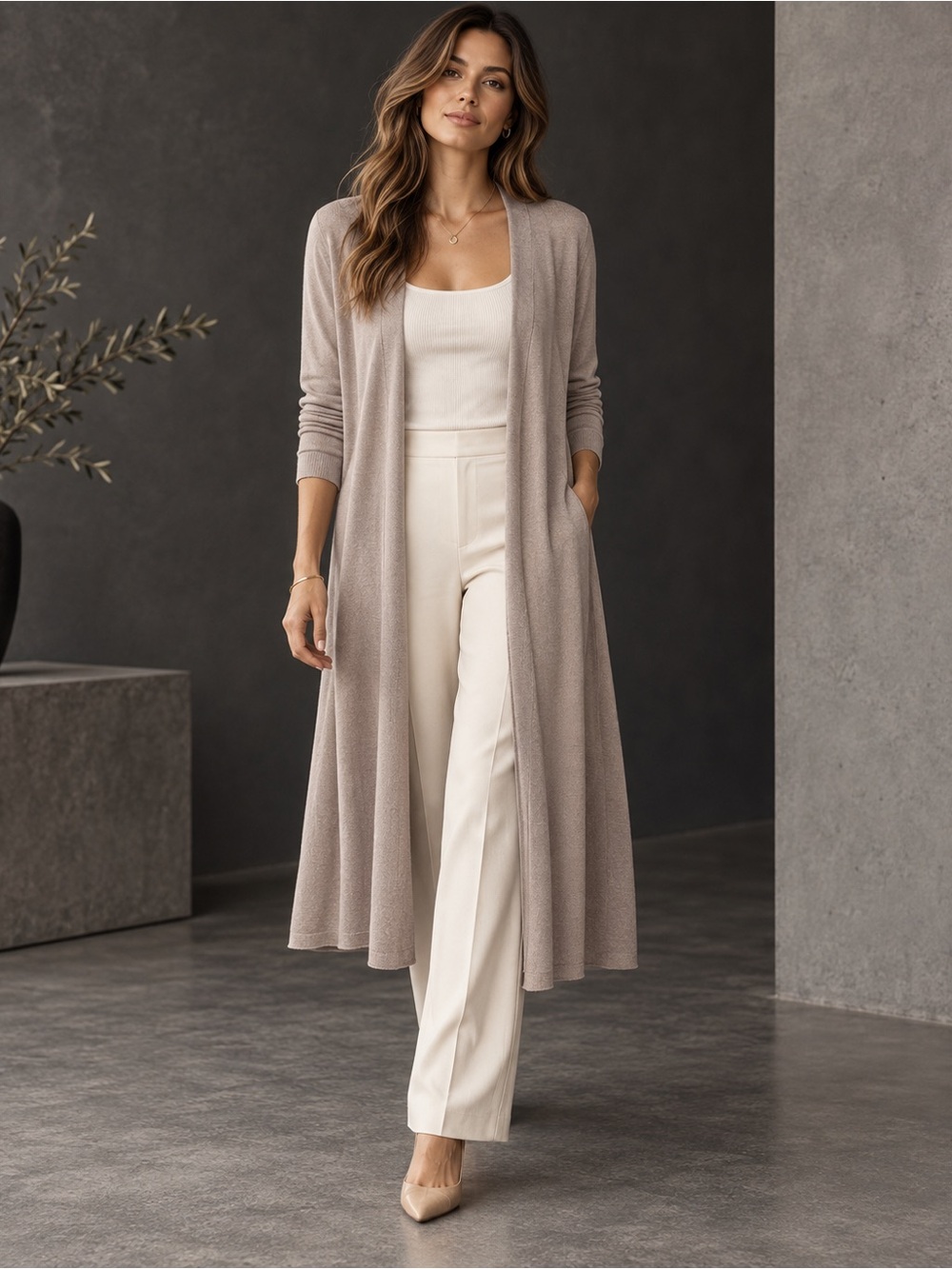 BCBGMAXAZRIA Taupe Longline Open Front Cardigan M